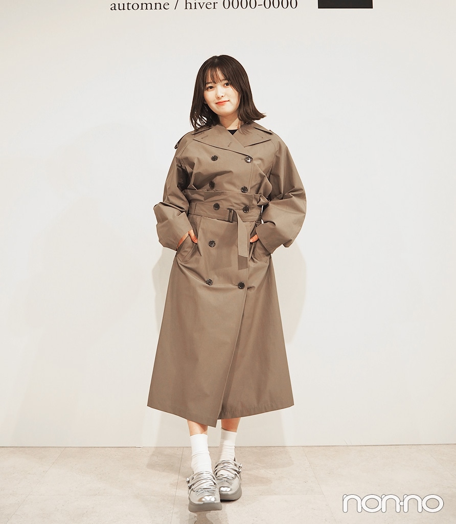 「ショートトレンチチェックコート by rokh」×「トレンチチェックスカート by rokh」を身長153㎝モデルが着た時のサイズ感