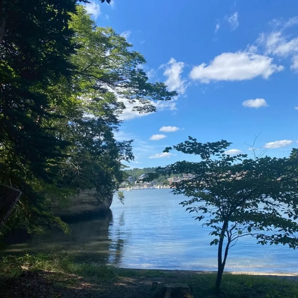 島から見える海と緑の画像
