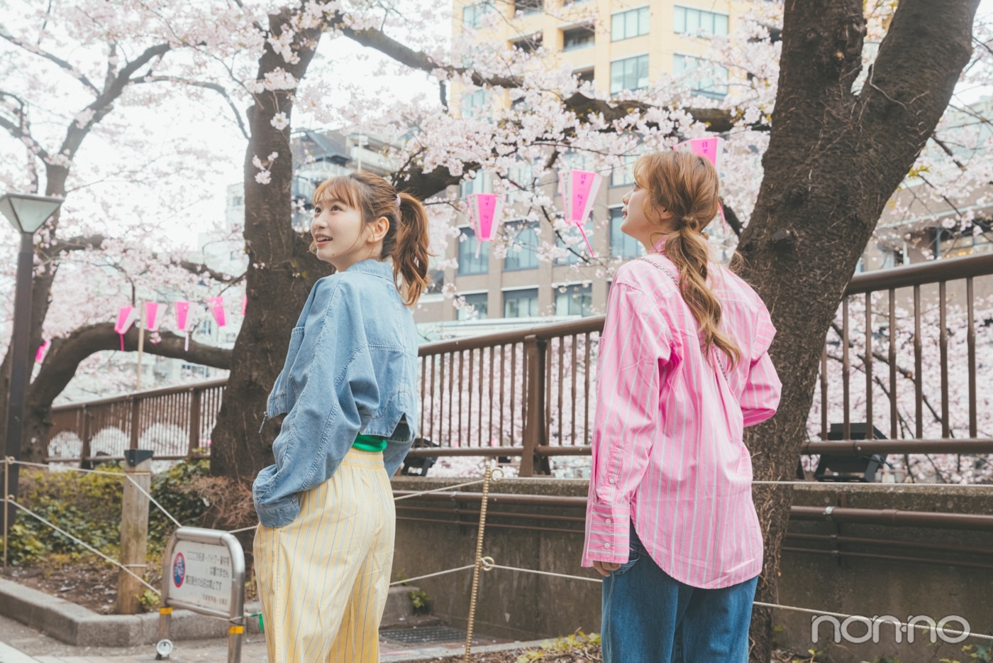 目黒川沿いを歩く紺野彩夏と岡本夏美