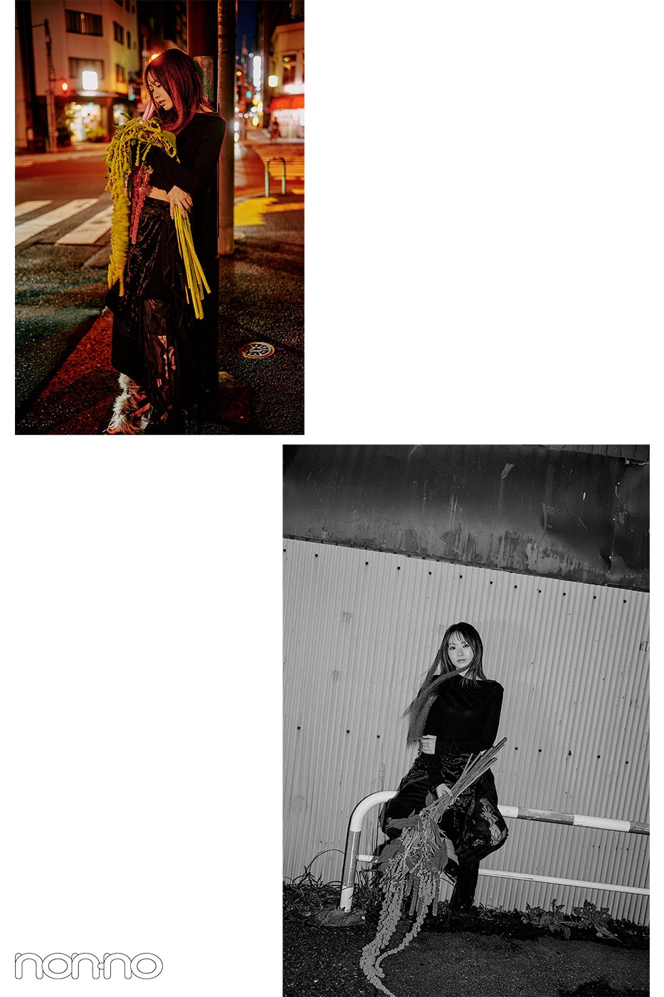 ブラックの衣装でアマランサスと撮影する村上なずな