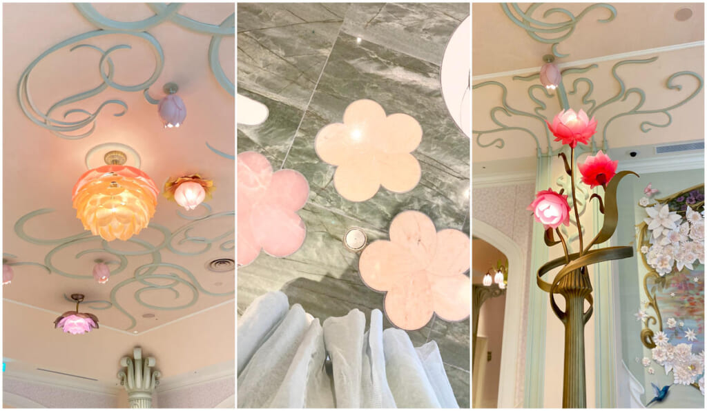 照明や床に施された花の装飾