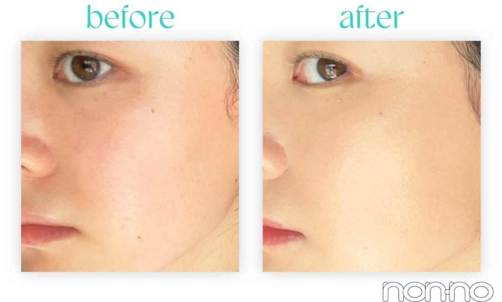 バイティースリーのクッションファンデーション、「#PURE」の顔にのせた時の写真