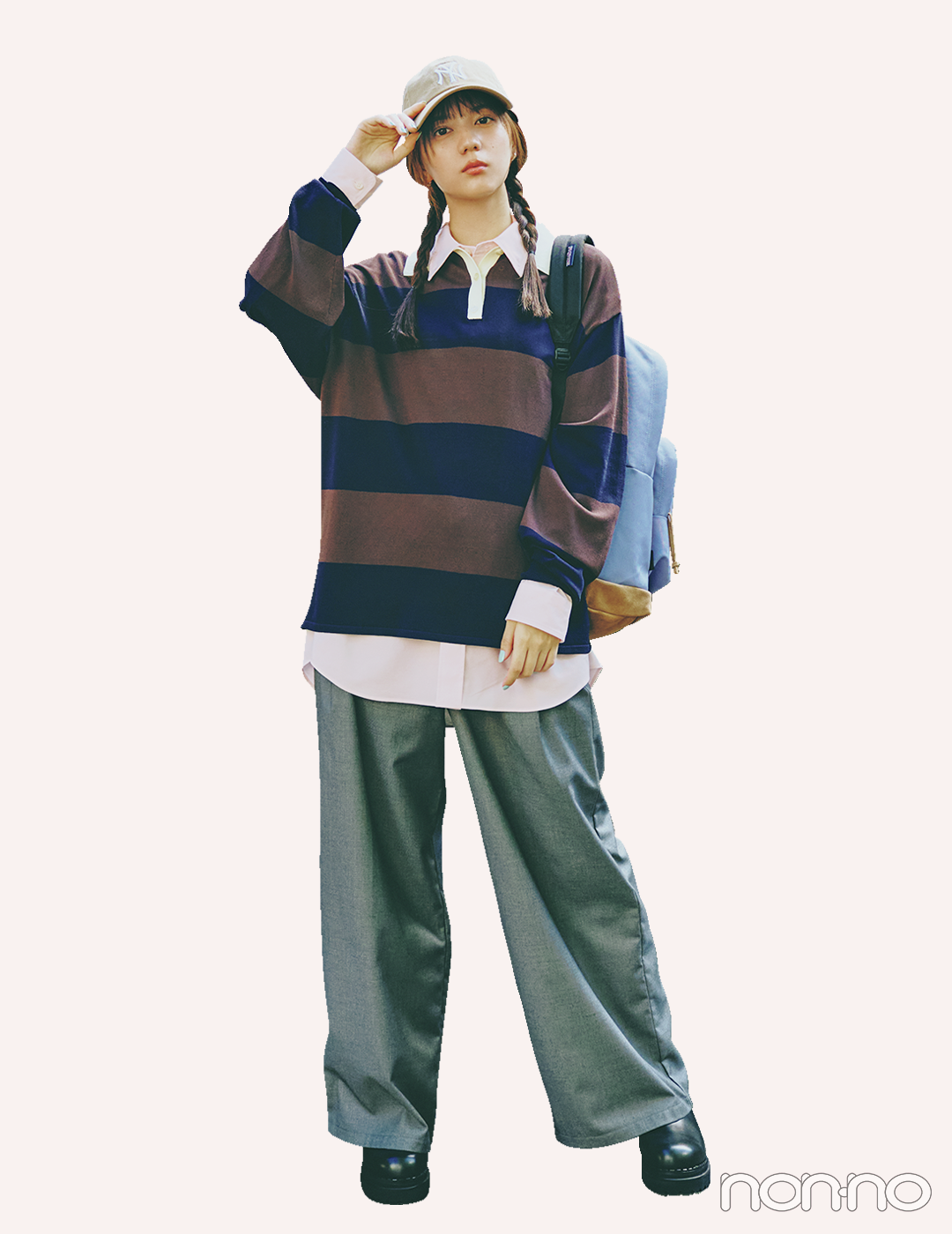 【ディズニーコーデ】ワイドパンツ×ボーダーポロ×革靴