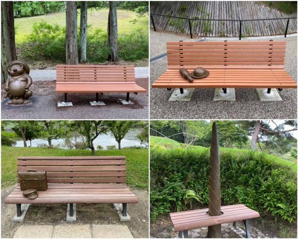 ジブリパークの無料エリア:ジブリキャラの“忘れ物”が残されたベンチ