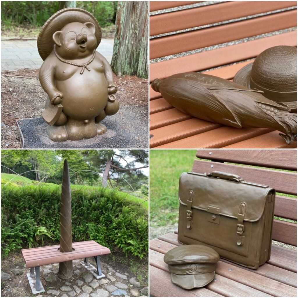 ジブリパークの無料エリア:ジブリキャラの“忘れ物”が残されたベンチ
