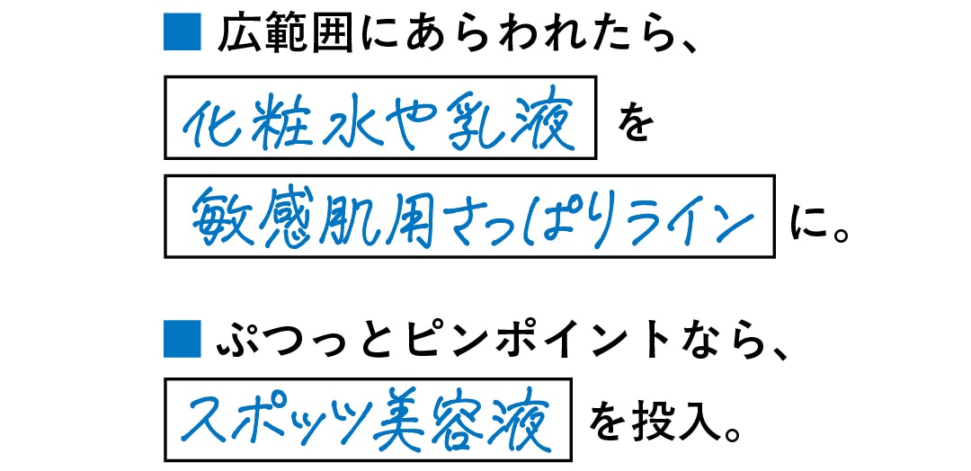 ニキビができた時の対処法は、■ 広範囲にあらわれたら、化粧水や乳液を敏感肌用さっぱりラインに。
■ ぷつっとピンポイントなら、スポッツ美容液を投入。