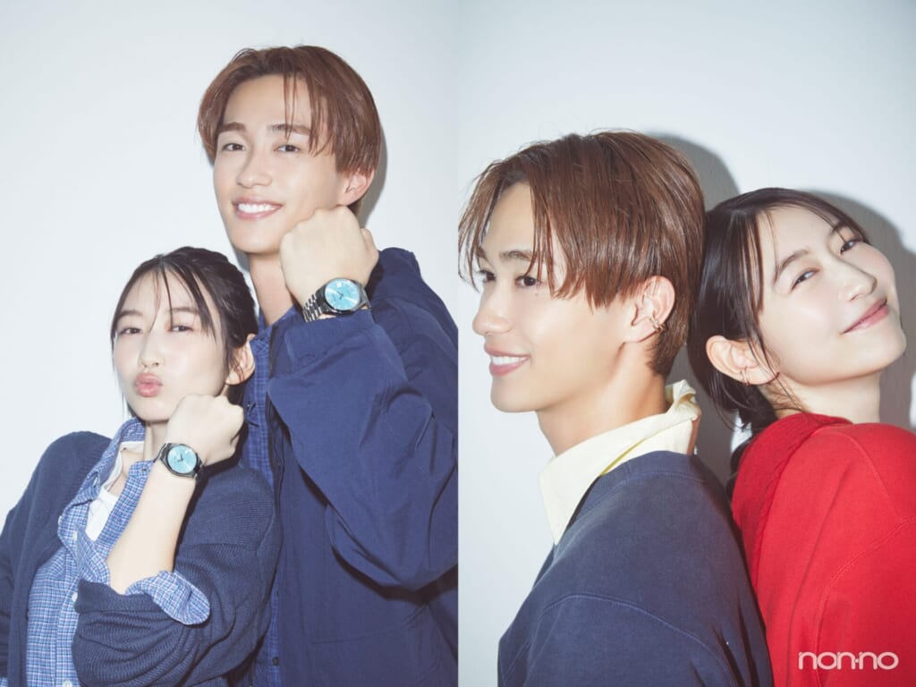 カジュアル派カップルにおすすめのペアジュエリー&ウォッチをつけた野村康太と岡本夏美
