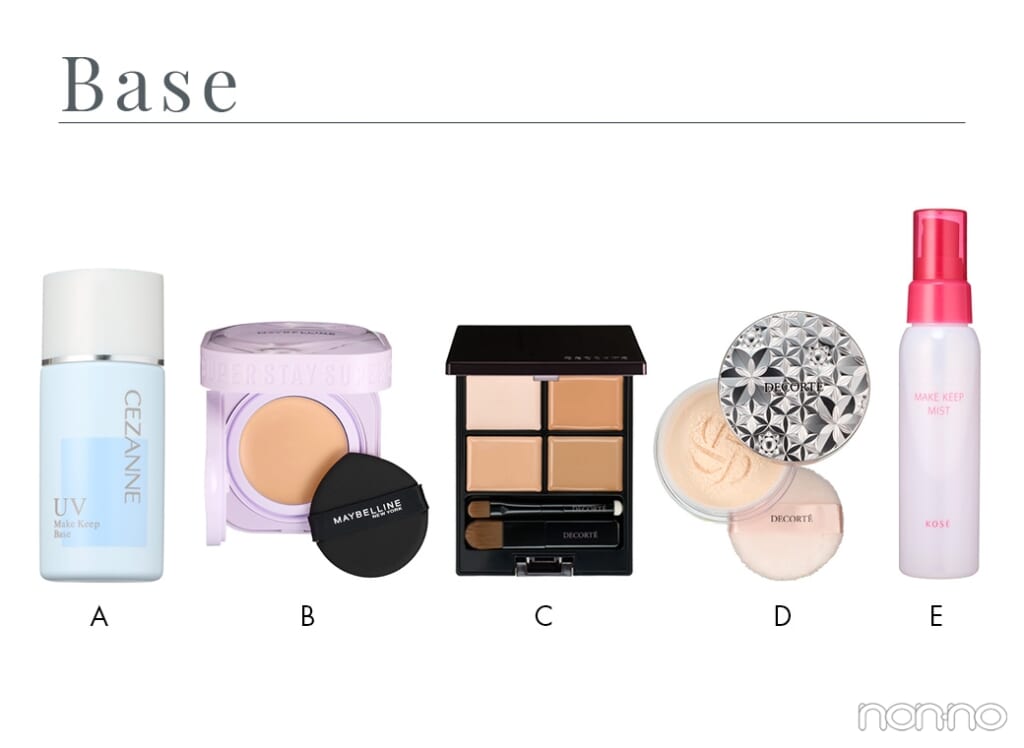 左から青い下地、クッションファンデ、4色のコンシーラー、ルースパウダー、ミストスプレー