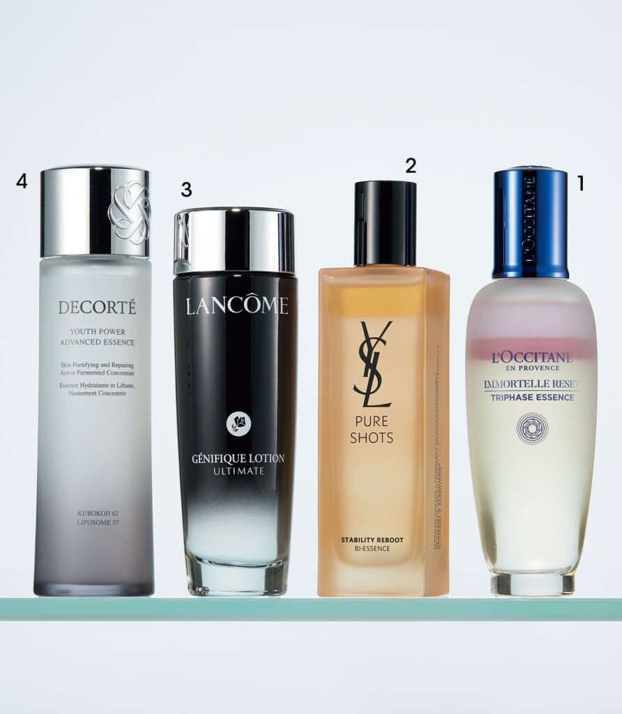 ロクシタン イモーテル リセットトリプル エッセンス、YSL BEAUTY 
ピュアショット デュアル リチャージローション、ランコム ジェニフィック アルティメ エッセンス ローション、コスメデコルテ ユース パワー エッセンス ローション
