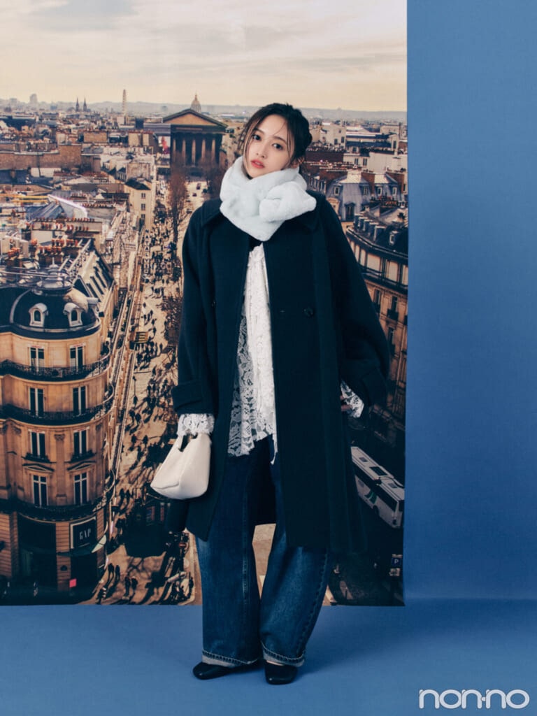 井上和・NEOパリジェンヌなミントグリーンのファーティペット全身