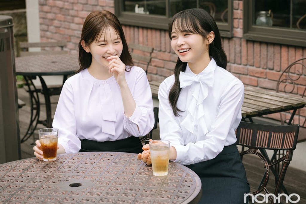 久間田琳加 林芽亜里 洋服の青山 バリエ豊富でコーデが楽しい、華やかブラウス