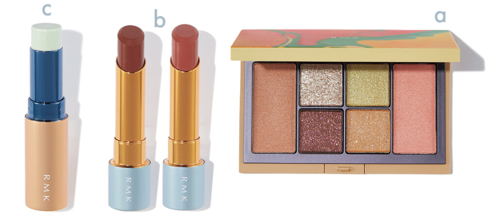 RMK【アールエムケー】a ブリーズ ブリス エスケープ アイズ & ブラッシュ パレット¥8250
b ベルベットシーン リップカラー(右)EX-04・(左)EX-05(各)¥4400(ケースセット価格)
c ラディアントカラースティック EX-03¥3630