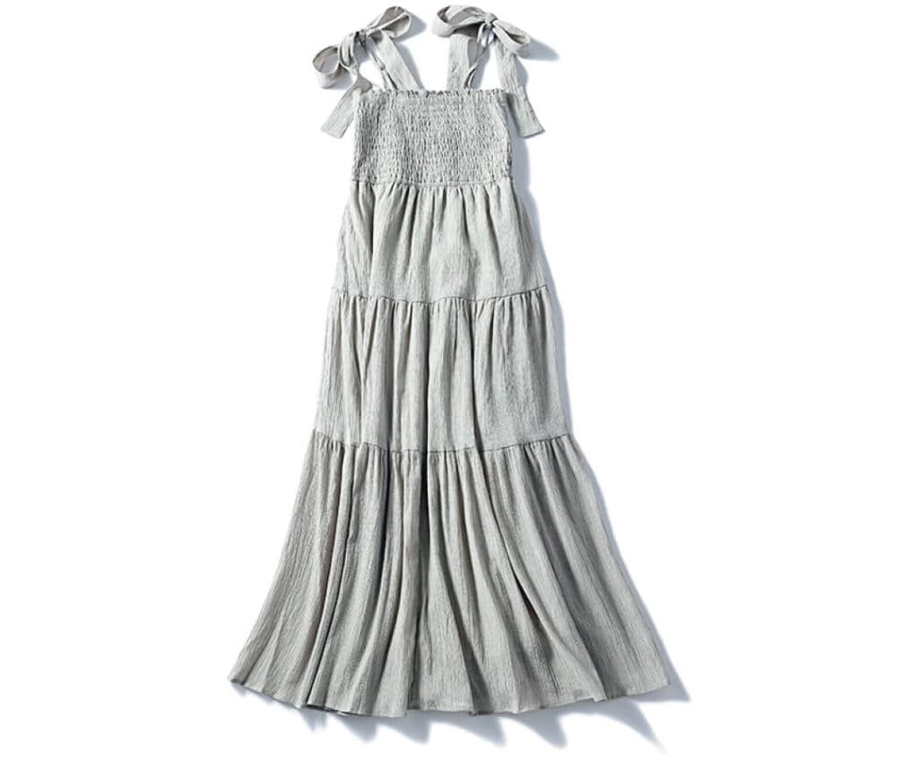 【Louere】グレーの肩リボン&シャーリングワンピース