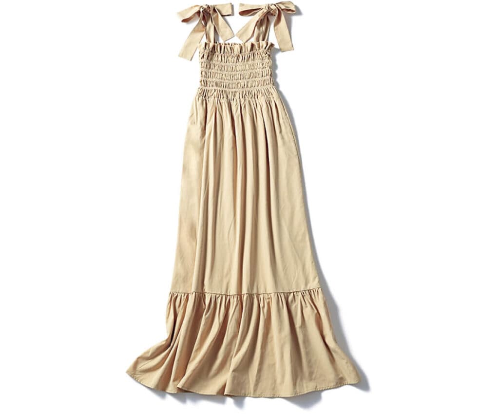 【グレイル】ベージュの肩リボン&シャーリングワンピース