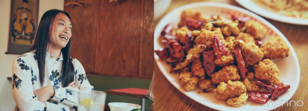 左から、腕を組み笑うLove Me Do、皿に乗った鶏肉とカシューナッツ、唐辛子を炒めた料理