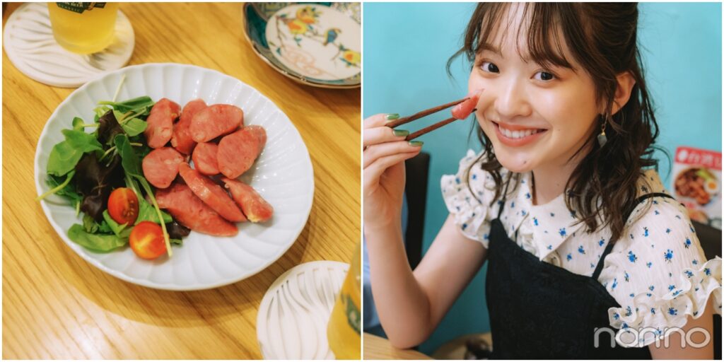 皿に載ったソーセージ、ソーセージをお箸でつまむ村上なずな