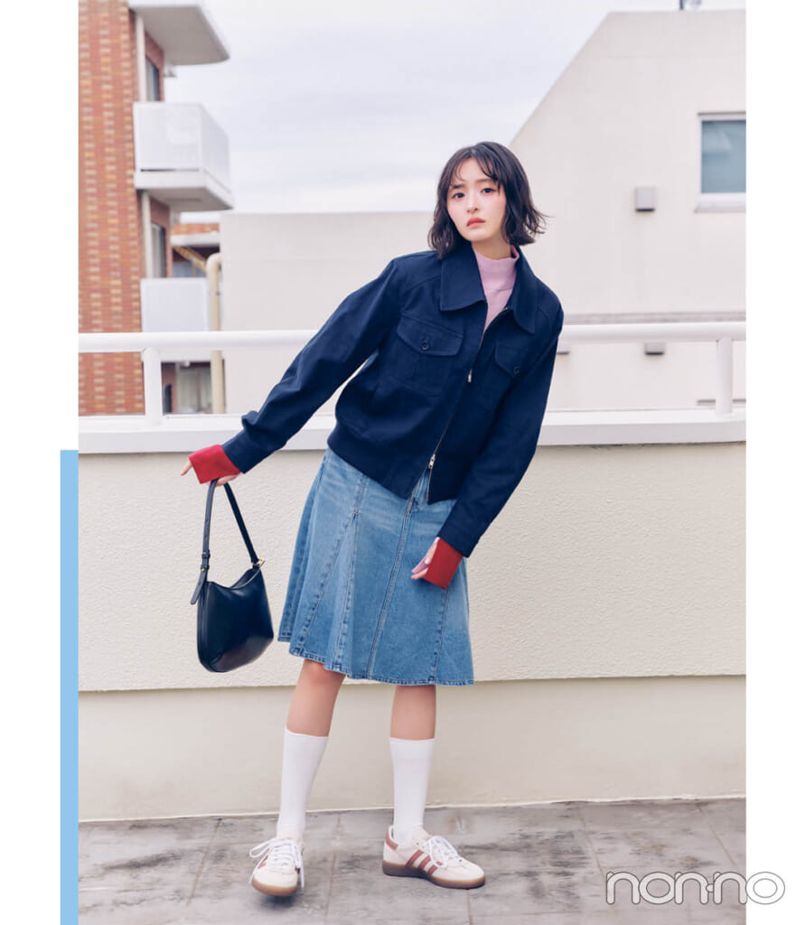GBHのヴォンテージライクなコットンアウターを着る遠藤さくら