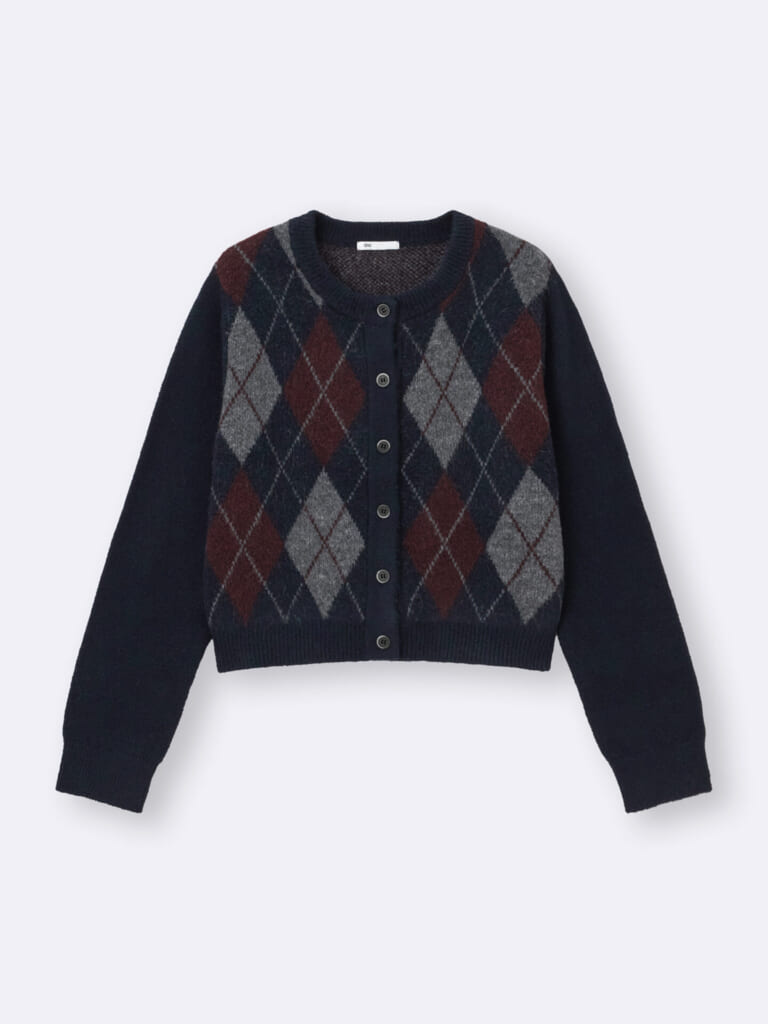 GUのパフニットアーガイルクルーネックカーディガンのネイビー