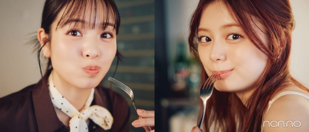 フォークを持つ紺野彩夏と横田真悠