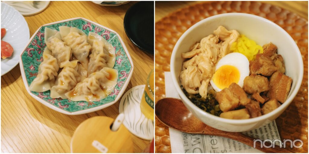 皿に載ったワンタン、丼に鶏肉と豚肉の角煮が載った料理