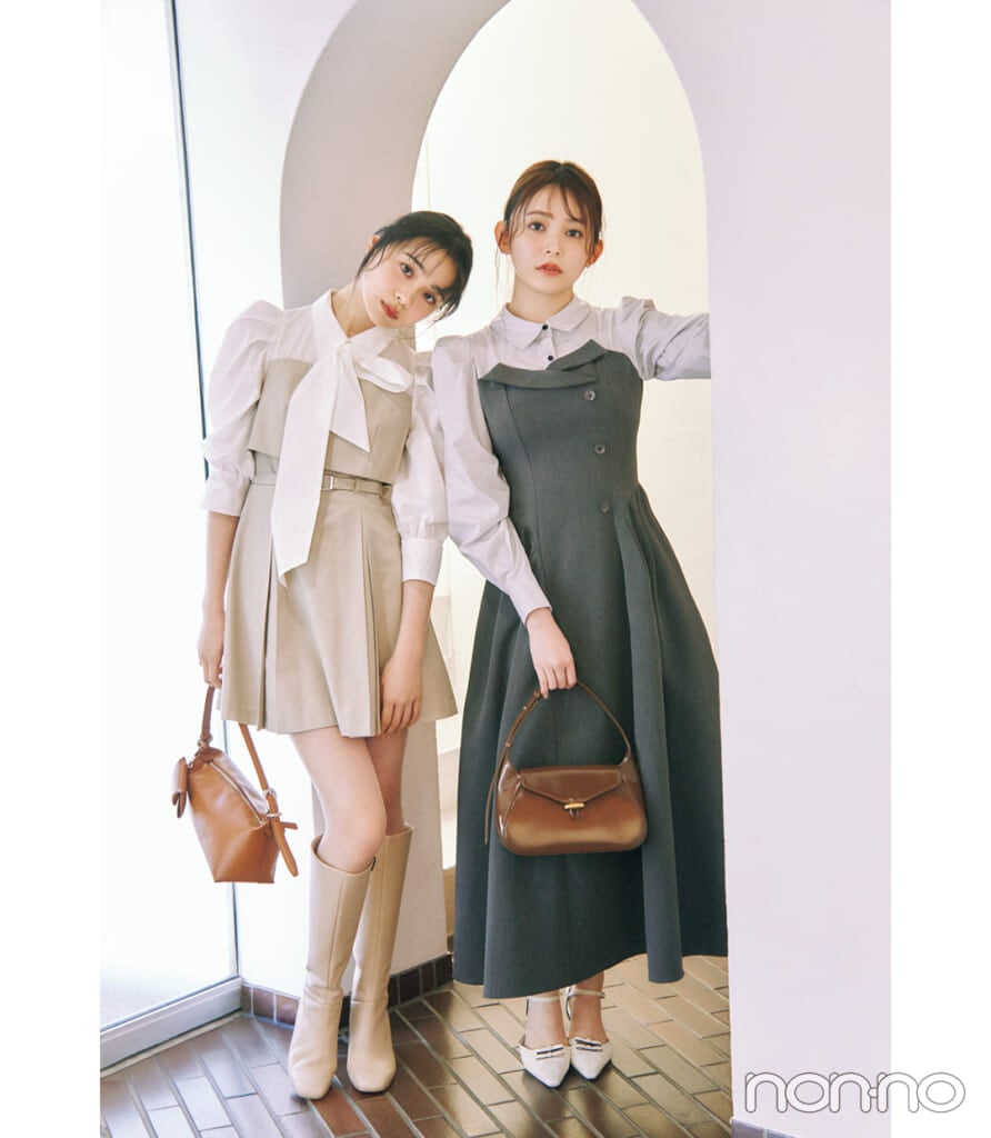 ワンピドッキングシャツを着た久間田琳加と林芽亜里