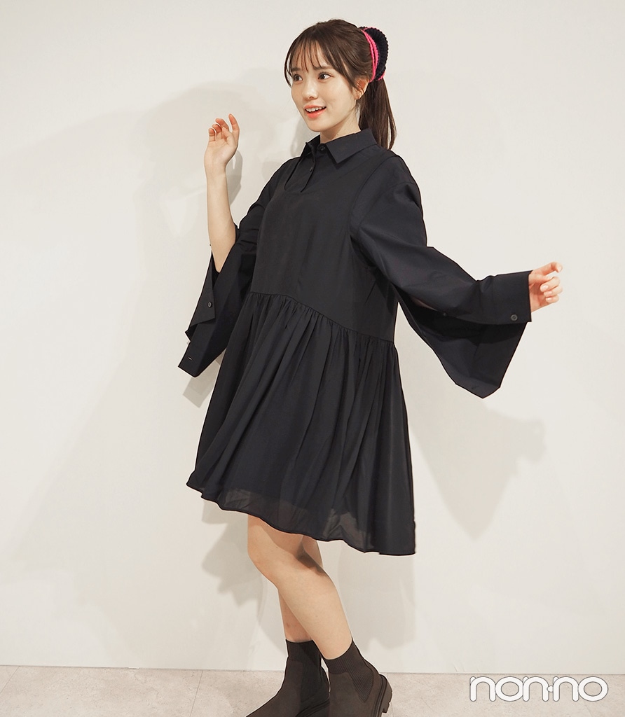 「2ピースシャツミニワンピースセット by rokh 」のネイビーの回った時のシルエット