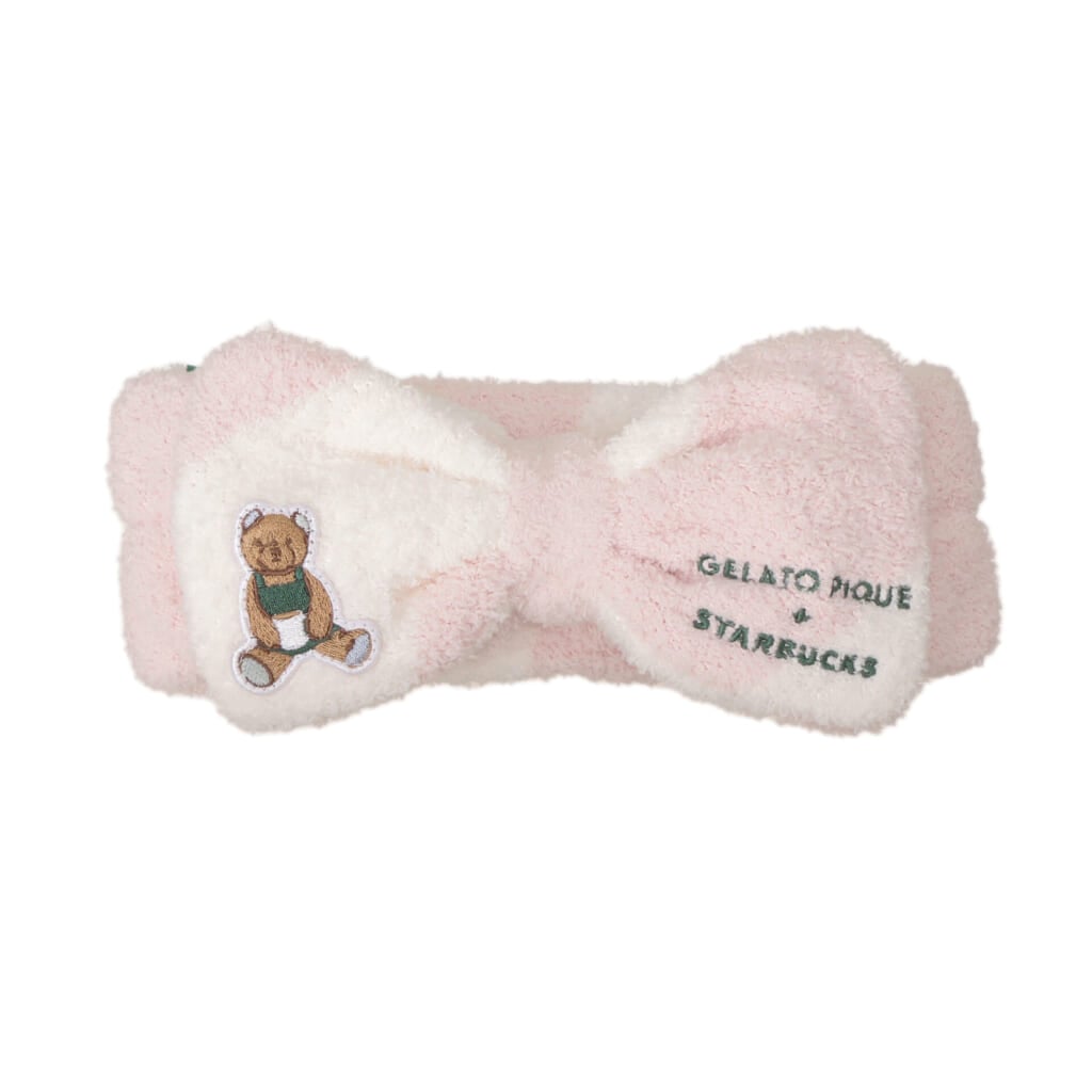 『gelato pique パウダーベア刺繍ボーダーヘアバンド ソフトピンク』　