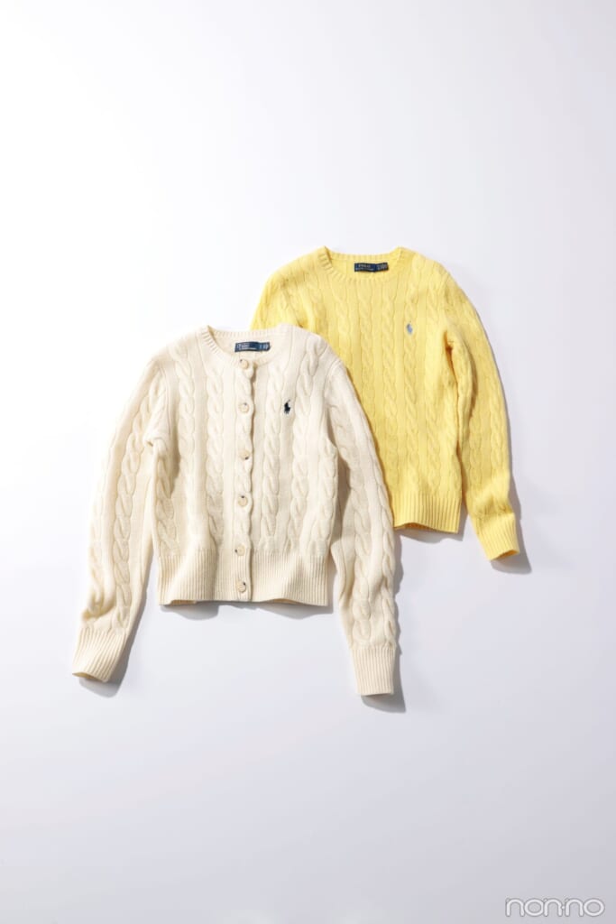 ポロ ラルフ ローレンのケーブルニット(イエロー)とケーブルニットカーディガン(白)