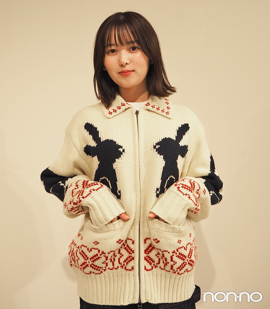 「フルジップニットジャケット by rokh」のアイボリーの着用画像