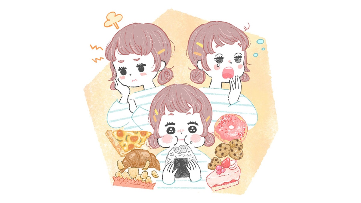 生理周期によって暴飲暴食している、眠い、イライラしている女性のイラスト