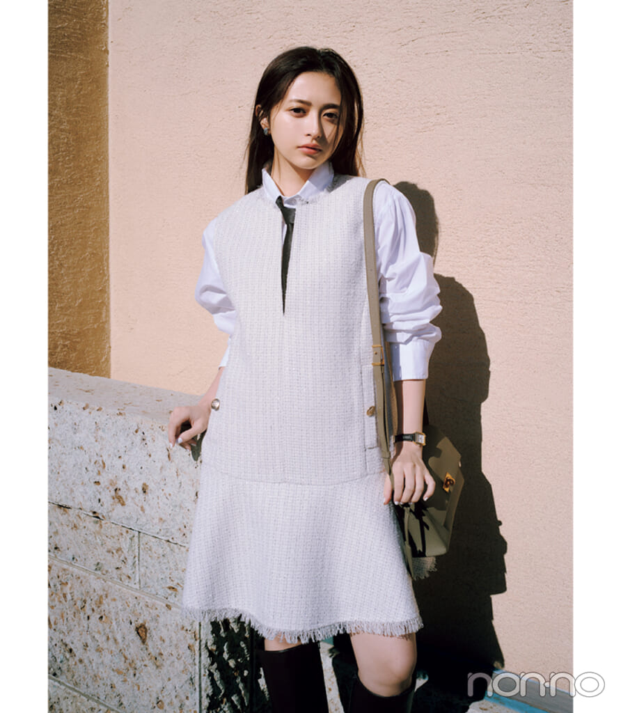 【春コーデ】ツイード調ワンピース×シャツ