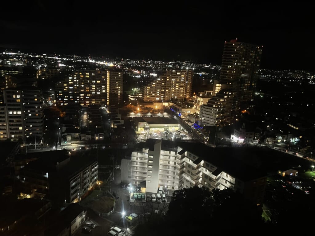 夜のひらパーの観覧車の景色。住宅街の光が輝いている。