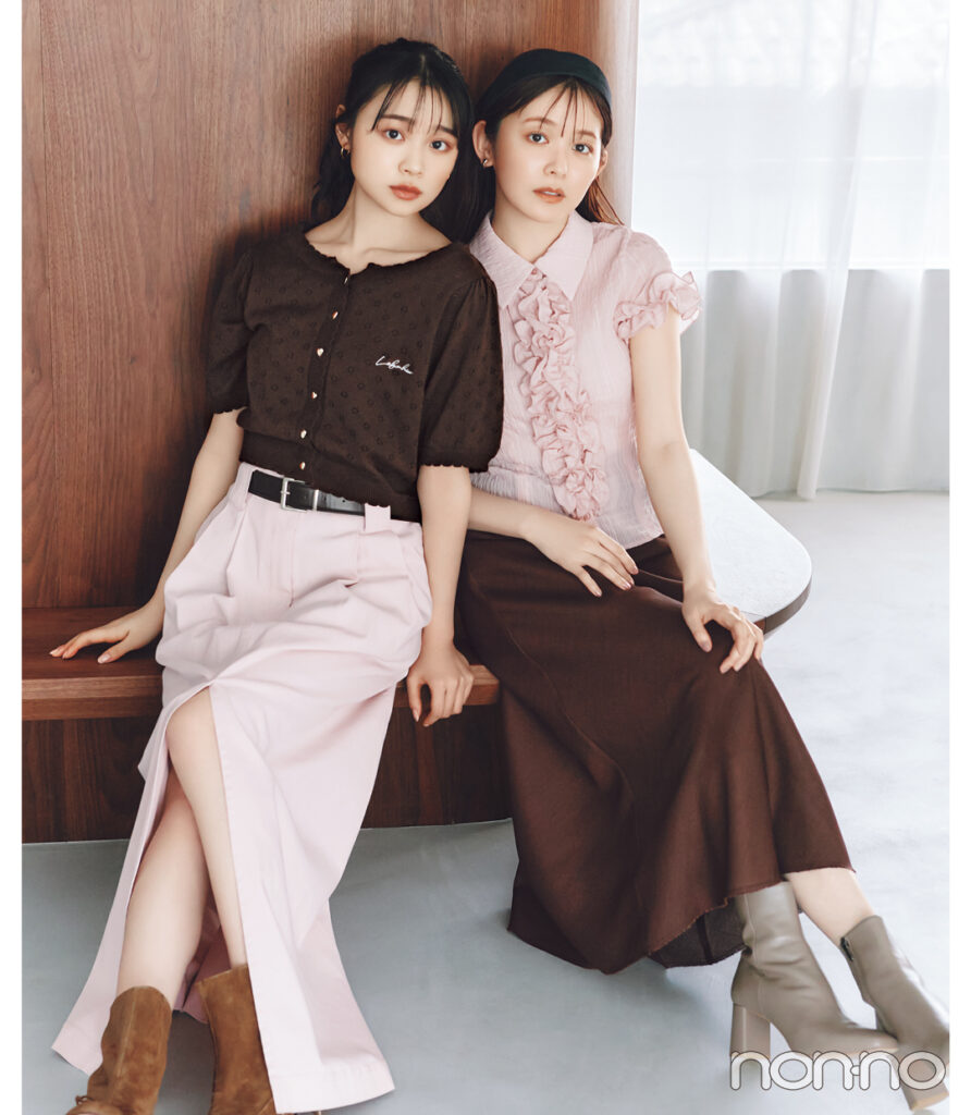 ベビーピンク×ブラウンのコーデ