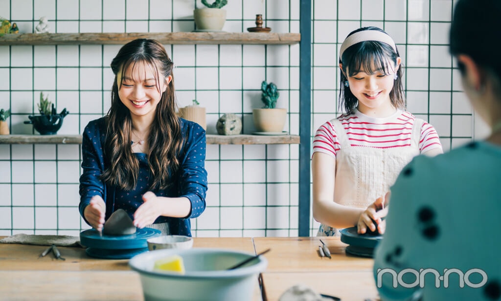 P&A Pottery Classで陶芸体験する日のレトロな柄トップス1