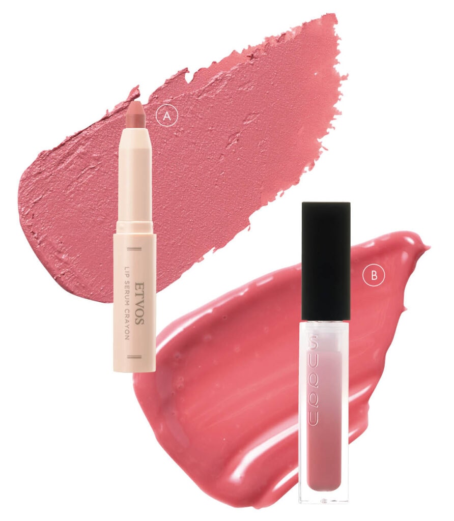 A リップセラムクレヨン ウィスパーノート
B トリートメント ラッピング リップ 06