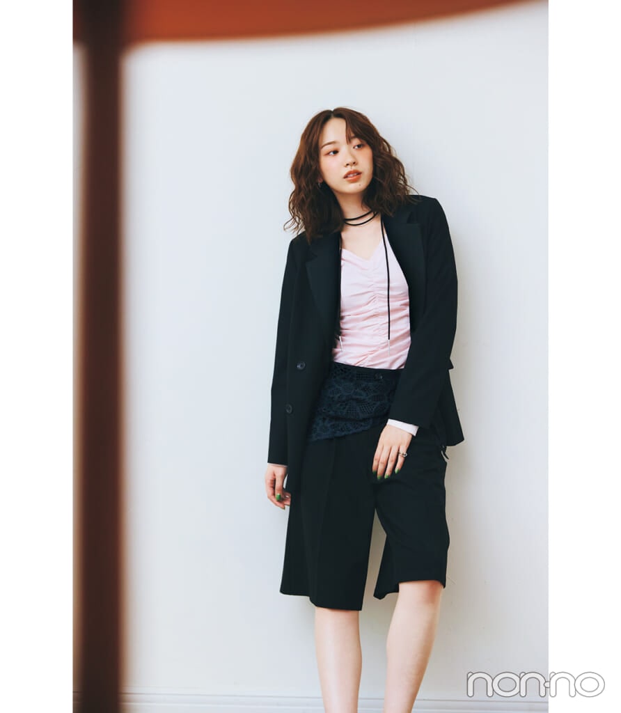 村上なずなのGUのジャケット＆パンツのセットアップ着回し3-4