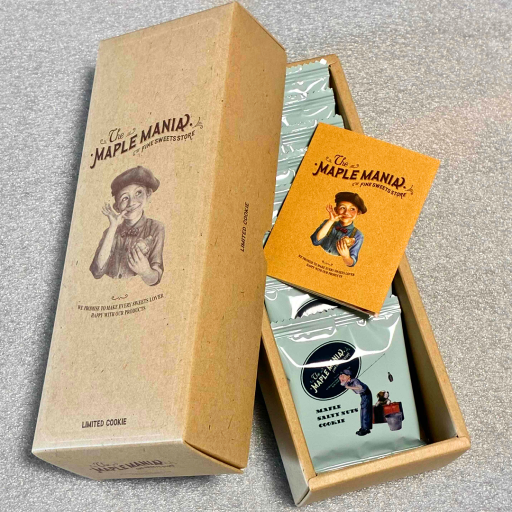 ザ・メープルマニアのクッキーの箱と個包装パッケージ