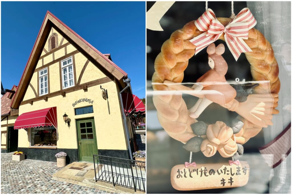 ジブリパーク「魔女の谷」のパン屋「グーチョキパン屋」外観とキキ&ジジの看板リース