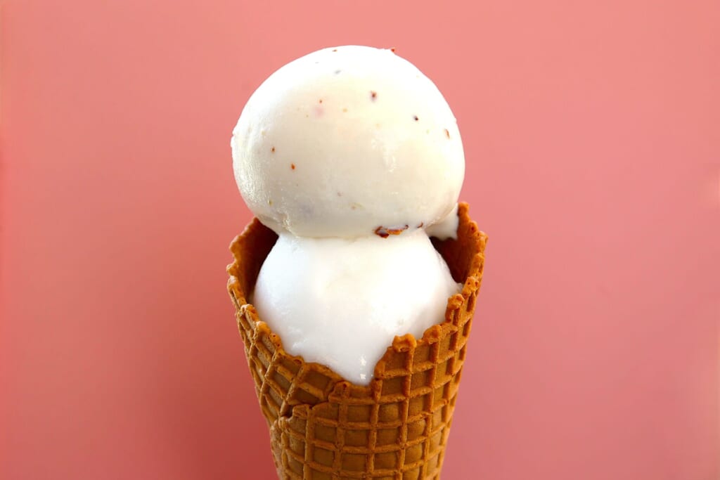 ジブリパーク「ジブリの大倉庫」の「カフェ 大陸横断飛行」のテラスにあるジェラートトラックで買えるジェラート 2フレーバー