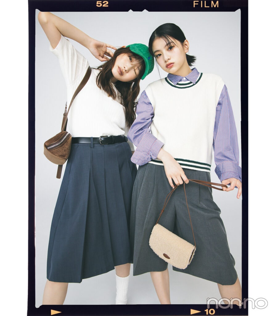 岡本夏美と出口夏希のミディ丈ボトムコーデ