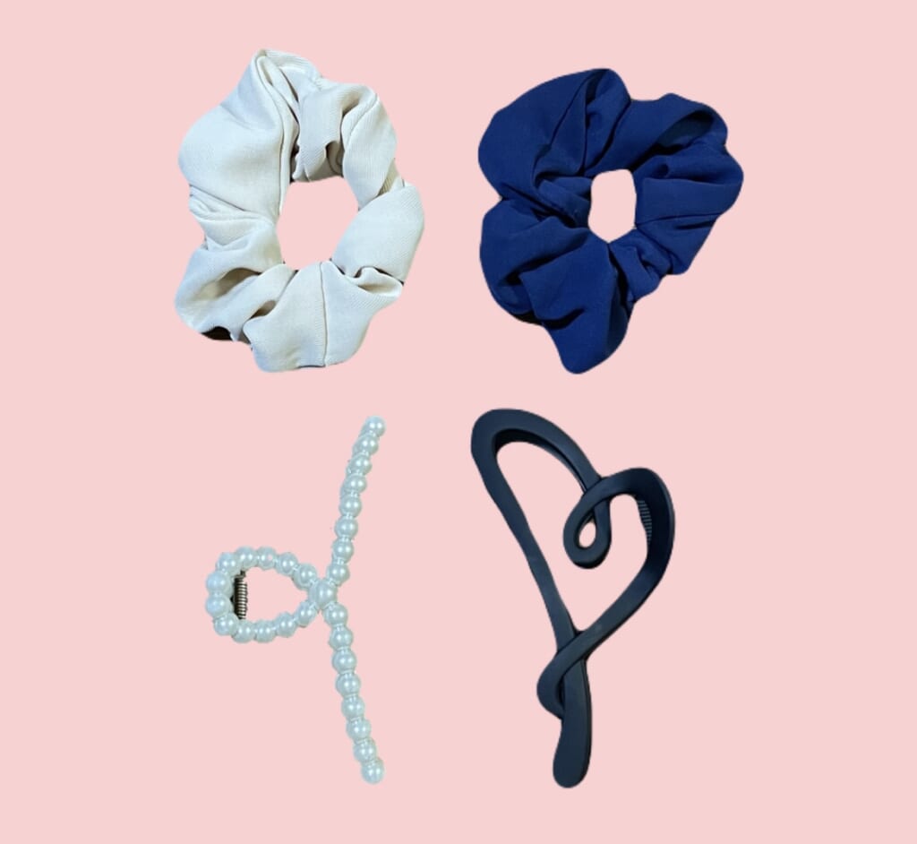 シュシュ(白・紺)、ヘアクリップ(白・黒)