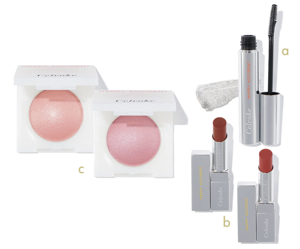 Celvoke【セルヴォーク】a オムニコンシャス スパークルラッシュ EX02￥3850
b アラウズ リップス（右）EX02・（左）EX03（各）￥3960（ケースセット価格）
c ルミナスドーム ブラッシュ（右）EX03・（左）EX04（各）￥3300