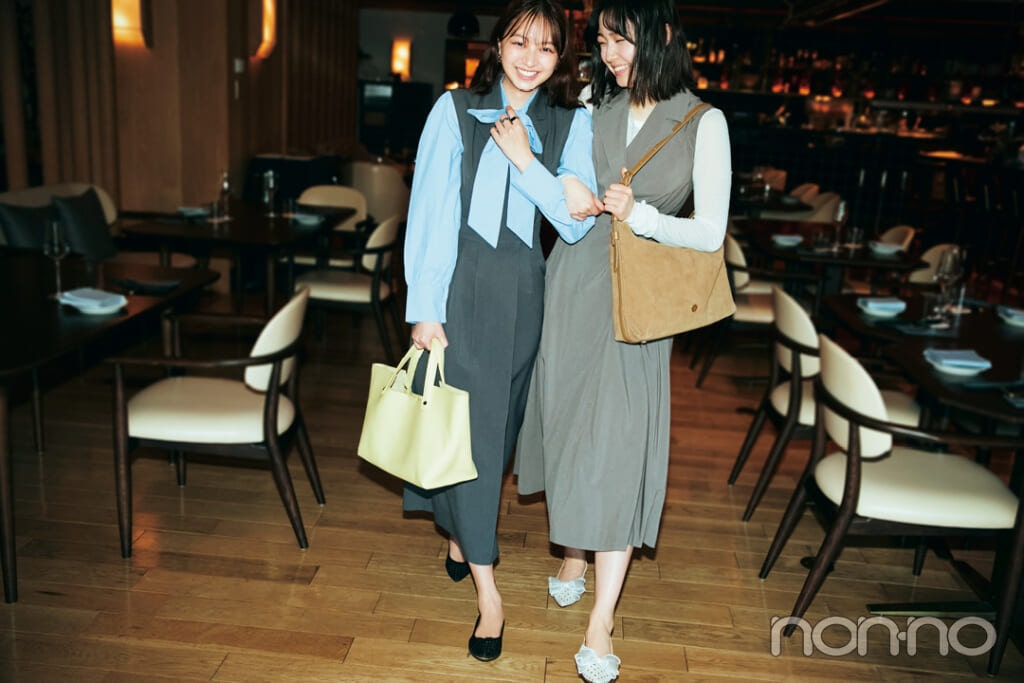 小宮山莉渚と佐藤和奏の女子会の日のジャケット風ワンピコーデ5-1