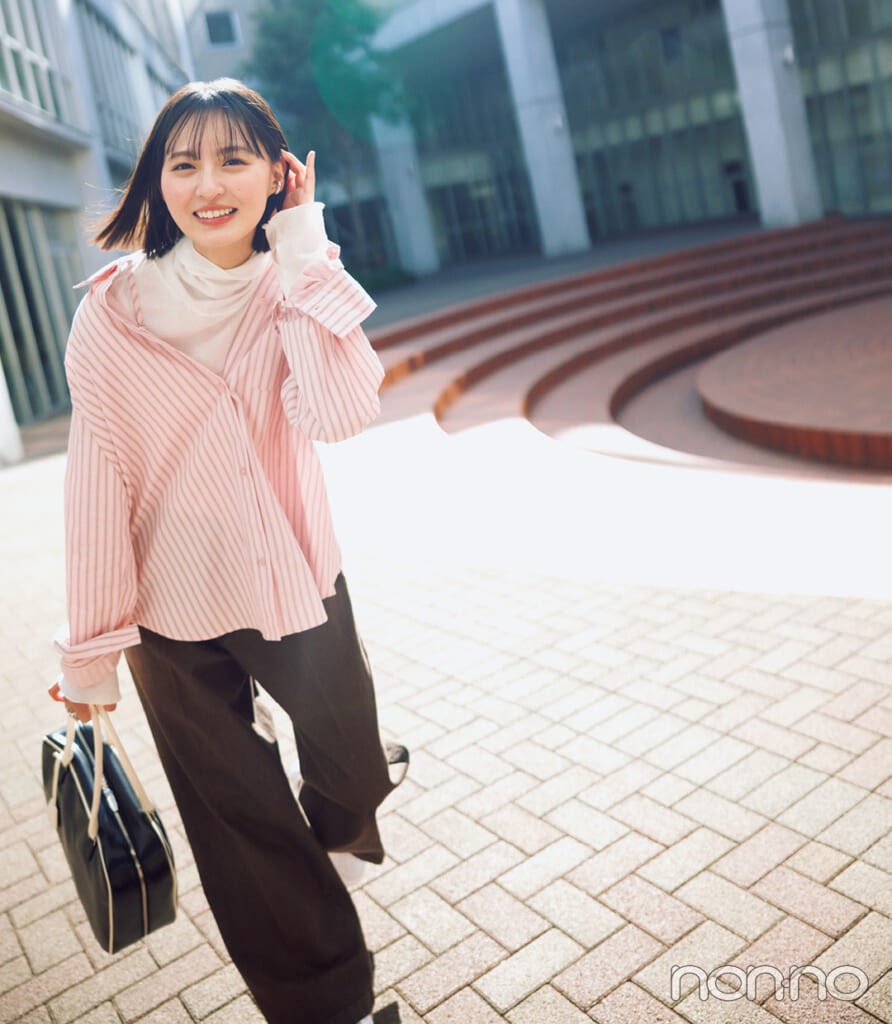 遠藤さくらが着こなす大学生の一週間コーデ 月曜日のシャツコーデ