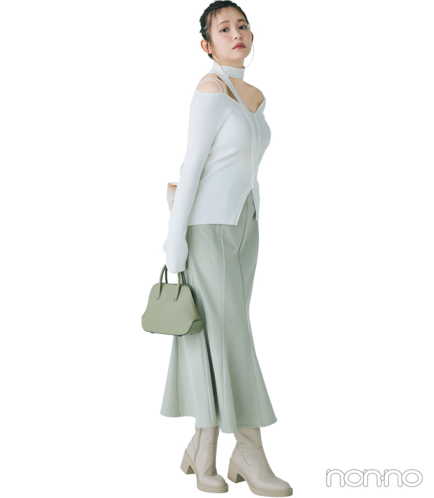 【春コーデ】マーメイドスカート×ニット＆タイ×ブーツ