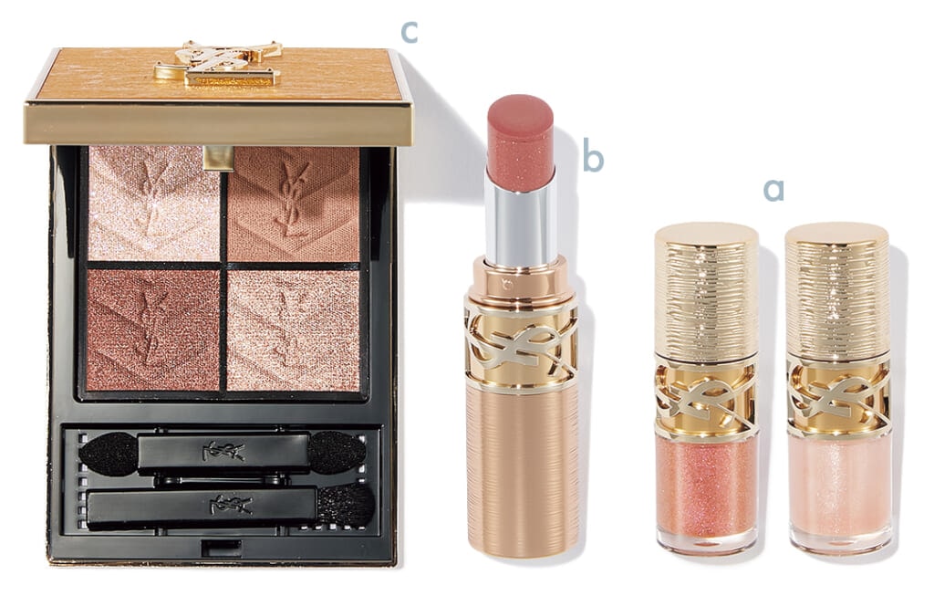 YVES SAINT LAURENT【イヴ・サンローラン】 a YSL ラブシャイン グロスプランパー〈コレクター〉(右)100・(左)12(各)¥5500 b YSL ラブシャイン キャンディグレーズ〈コレクター〉 22¥6490 c クチュール ミニ クラッチ 〈コレクター〉 025¥11440