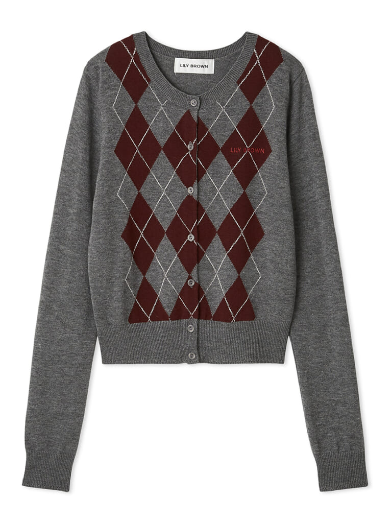 リリーブラウンのアーガイルカーディガンのグレー