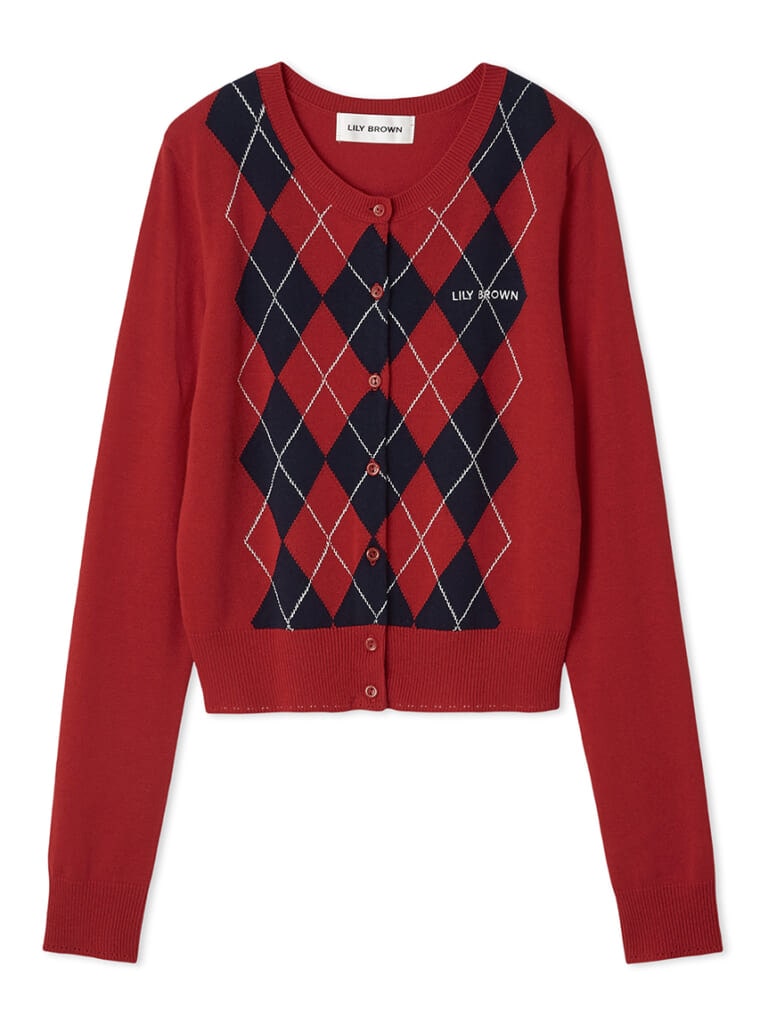 リリーブラウンのアーガイルカーディガンのレッド
