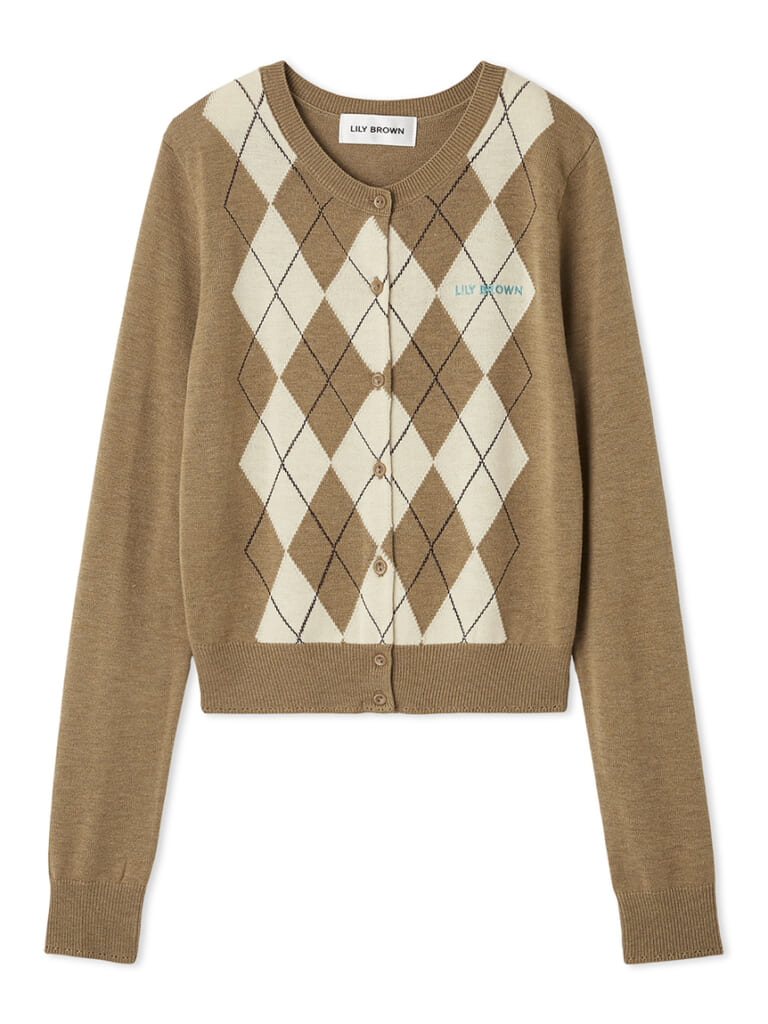 リリーブラウンのアーガイルカーディガンのキャメル