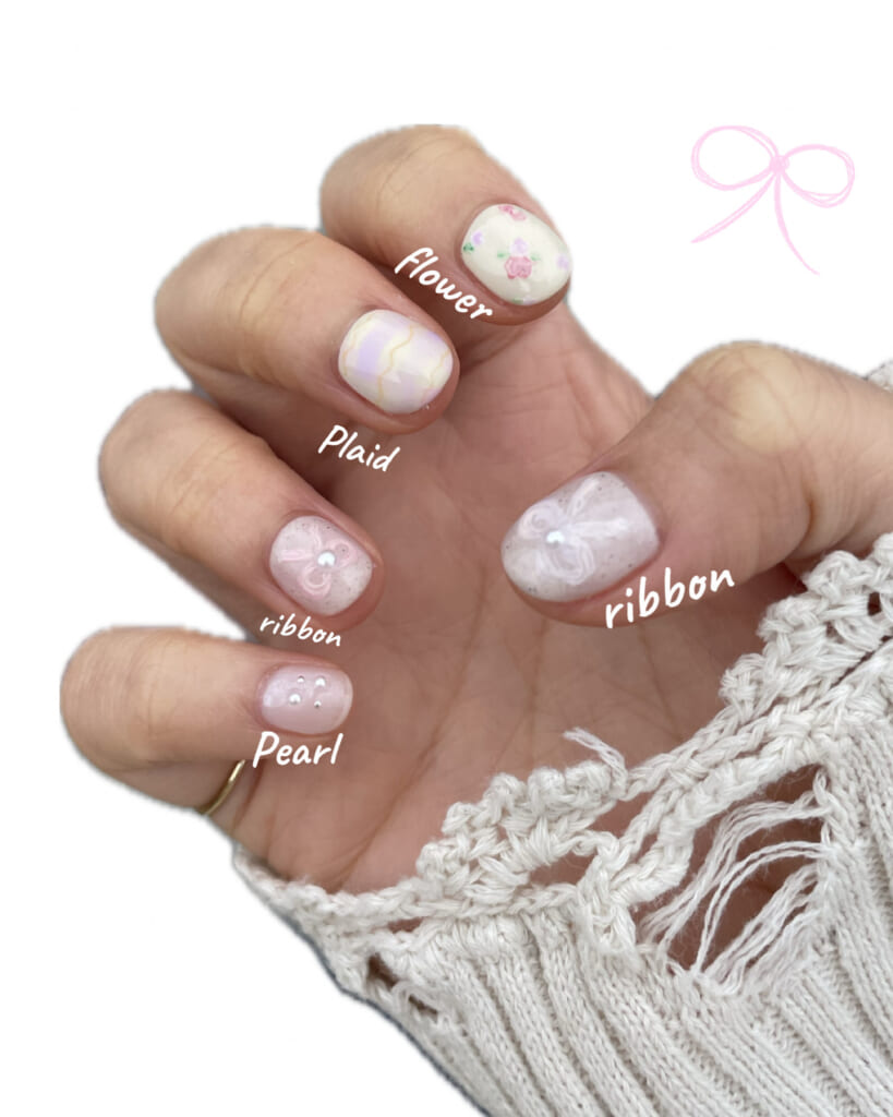 右手、てがきデザインの淡色ネイル